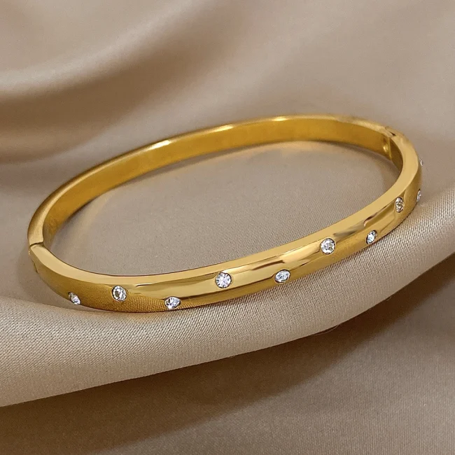 Thin Stainless Steel Round Rhinestones Bangle Bracelet for Women Minimalist Cuff Bangles Waterproof Stackable Jewelry Gifts 5