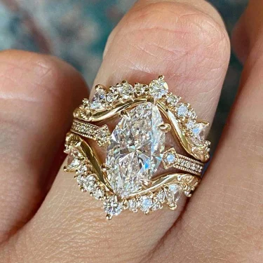 Huitan Gorgeous Marquise Cut Ring for Women 3Pc/Set Elegant Accessories Female Luxury Finger Jewelry for Wedding Ceremony Party 1