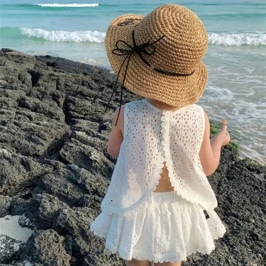 2PCS Kids Sets Summer Girl Clothes Children Hollow Lace Sleeveless Tops Shorts Set Fashion Baby Girl Cardigan Fake Two Suit 2
