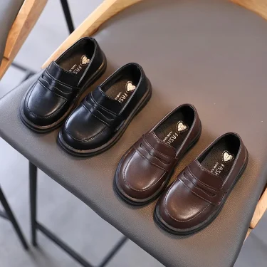 Kids Loafers Slip-on Pu Leather Shallow Black Brown Boys Girls Flat Shoes 21-36 Toddler Fashion Leisure Children Casual Shoe 5