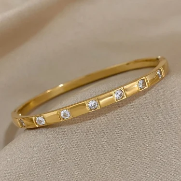 AENSOA Simple Classic New Gold Plated Stainless Steel Bracelet Inlaid Square Rhinestone Bangle Bracelet Charm Waterproof Jewelry 4