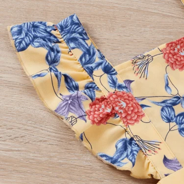 Summer girls conservative commute less sook flower print lace camisole yellow square collar pleated elastic romper 6
