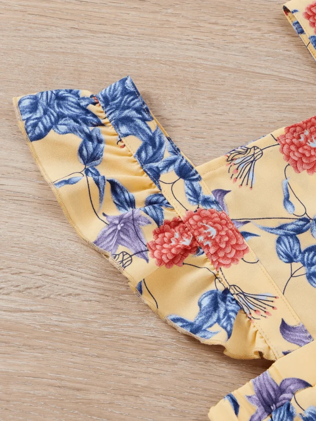 Summer girls conservative commute less sook flower print lace camisole yellow square collar pleated elastic romper 6