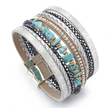 ALLYES Natural Stone Leather Bracelet for Women Charm Retro Multilayer Crystal Snake Skin Wide Bracelets & Bangles Jewelry Gifts 2