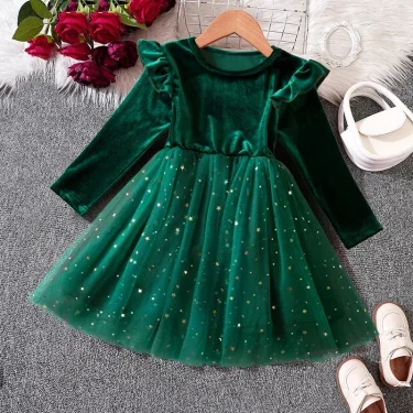 New Girls Christmas Dress Long Sleeve Sequins Mesh Tutu Autumn Winter Princess Dress for Kid Xmas New Year Party Red/Green Dress 1