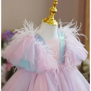 New Summer Children's Girl Party Dress Bubble Sleeves Bridesmaid Wedding Flower Princess Dresses Kids Formal Clothing 4