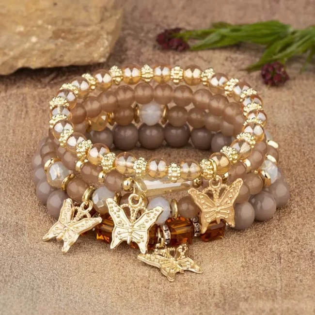 4Pcs Bohemia Butterfly Charm Bracelet Set For Women Acrylic Beads Elastic Chain Bangle Men Wristband Fashion Party Jewelry Gift 6