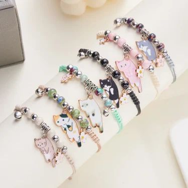 Cartoon Enamel Animal Cat Flower Bracelet for Girl Kids Women Charm Pet Pendant Strap Rope Bracelets Handmade Friendship Jewelry 4