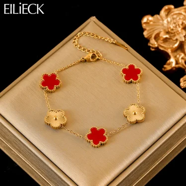 EILIECK 316L Stainless Steel Red Five-Leaf Clover Flower Bracelet Trendy Wrist Chain Bangles Jewelry For Women Holiday Gifts 1