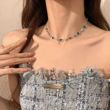 LATS Romantic Blue Crystal Butterfly Necklace for Women Girls Simple Shiny Zircon Bilayer Choker Clavicle Chain New Fine Jewelry 4