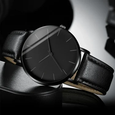 3PCS/Set Men's Watch Simple Scale Dial Male Leather Band Quartz Watches Necklace Bracelet Set 3