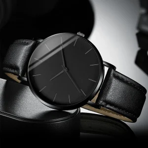 3PCS/Set Men's Watch Simple Scale Dial Male Leather Band Quartz Watches Necklace Bracelet Set 3