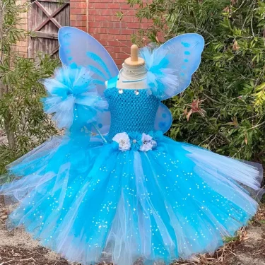 Girls Blue White Glitter Tutu Dress Kids Flower Fairy Dress with Butterfly Wing Stick Children Party Costume Princess Dresses 6