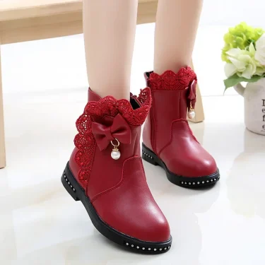 Girls Princess Boots Kids Ankle Boots Lace with Bow-knot Sweet Warm Cotton Children Rubber Boots Fur Lining Snow Boots Shoes New 4