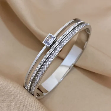 Luxury Stainless Steel Cuff Bracelet For Women Mens Gold Silver Color Couple Bracelets Green White Rhinestone Wide Bangle Gift 2