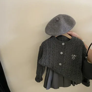 Sweaters Girl Bow Knitting Cardigan Loose Coat Autumn New Fashion Pleated Skirt 2024 Childrens Clothing Sweet Striped 6