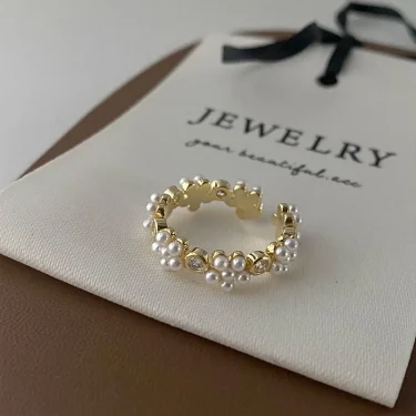 New Korean Retro Simple Elegant Shell Pearl Love Flower Opening Rings For Women Fashion Sweet Jewelry Accessories 6
