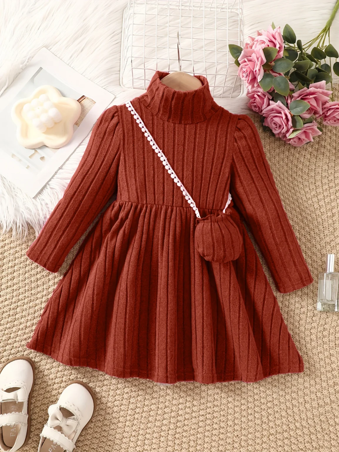 Girls' dress with soft texture fabric, high neck dress, small bag accessories, long sleeved dress, worn by 4-7 years old 3