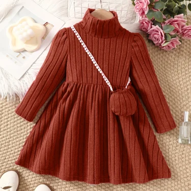 Girls' dress with soft texture fabric, high neck dress, small bag accessories, long sleeved dress, worn by 4-7 years old 3