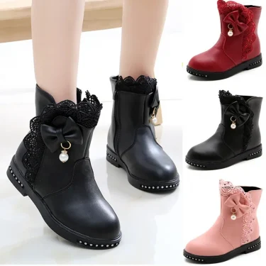 Girls Princess Boots Kids Ankle Boots Lace with Bow-knot Sweet Warm Cotton Children Rubber Boots Fur Lining Snow Boots Shoes New 1