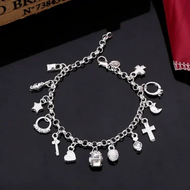 925 Sterling Silver Fashion 13pcs Pendant Chain Charm Bracelet for Women for Teen Girls Lady Gift Women Fine Jewelry 4