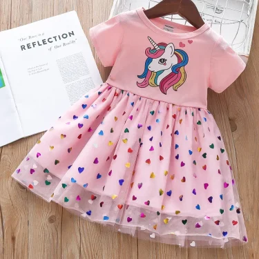 2025 Summer Baby Girls Cartoon Unicorn Dress Cotton Mesh Party Princess Dresses For 2-6 Years Children Kids Clothes 2