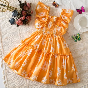 Sweet Flower Girl Princess Dress Summer Flying Sleeve Ruffle Floral Girl Casual Dress New Korean Fashion Children's Clothing 2