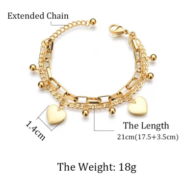 316L Stainless Steel New Fashion Upscale Jewelry Bohemia 2 Layer Ball Lovers Love Heart Charm Thick Chain Bracelet For women 6