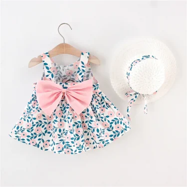 Summer New Floral Beach Party Baby Girl Dress, Sweet Bow Children'S Clothing With Free Hat（9 Months - 3 Years Old） 5