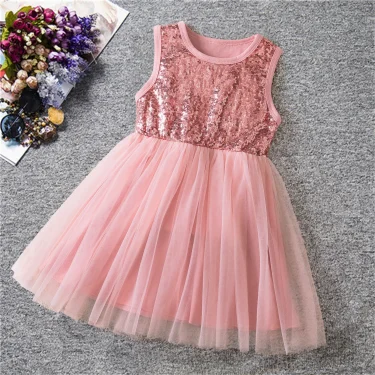 Girls Sequins Mesh Dress 2-6 Yrs Toddler Sleeveless Dresses Elegant Girl Birthday Party Princess Dress Cute Baby Summer Clothes 1
