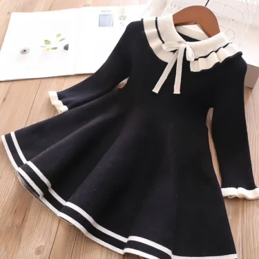 New girl baby sweater knitted dress children warm Sweater dress for girls infant casual pure color Pleated princess dress 3