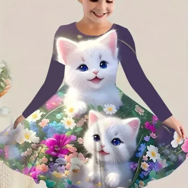 Girls Cute Cat Princess Dress, Long-Sleeved Kitten Print Dress, Casual Children's Cat Fashion Clothing, Theme Party Clothing 1