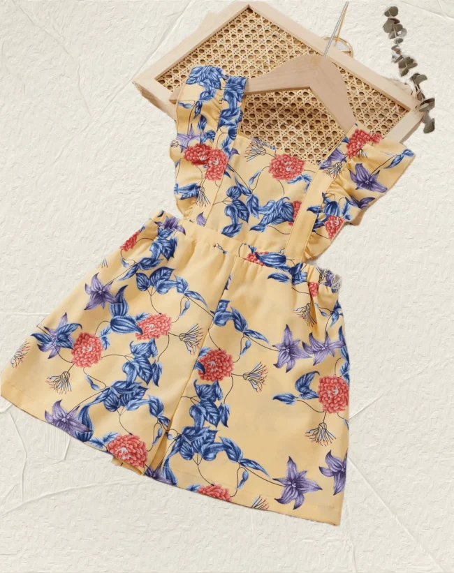 Summer girls conservative commute less sook flower print lace camisole yellow square collar pleated elastic romper 1