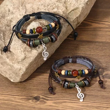 Handmade Hippie Design Brown Leather Bracelet Women Metal Star Note Charms Wood Button Beads Wrap Unisex Adjustable Bracelet 2