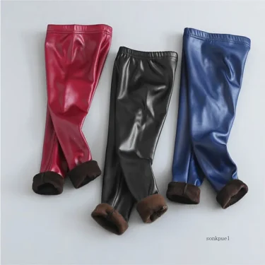 New Baby Girls Leggings Winter Kids Thick Velvet Leggings Pencil Pants Children Warm Trousers Faux PU Leather Legging Slim Pant 2