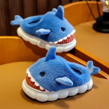 New Cute Cartoon Warm Shark Fluffy Slippers Baby Winter Indoor Cotton Shoes For Girls Home Children's Non-slip Mule For Kids Boy 4
