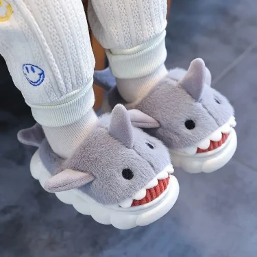 New Cute Cartoon Warm Shark Fluffy Slippers Baby Winter Indoor Cotton Shoes For Girls Home Children's Non-slip Mule For Kids Boy 3