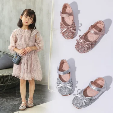 Kids Leather Shoe Spring Autumn Elegant Girls Party Shoes Fashion Sequins Bowtie Children Princess Shoes for Wedding Shallow 2