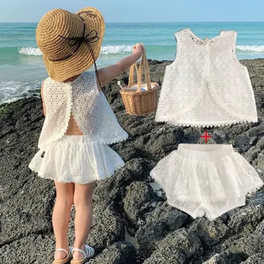 2PCS Kids Sets Summer Girl Clothes Children Hollow Lace Sleeveless Tops Shorts Set Fashion Baby Girl Cardigan Fake Two Suit 1