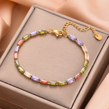 Stainless Steel Colorful Cubic Zirconia Crystal Bracelet Fashion Women's Bling Bangle Chain High-Grade Premium Jewelry Gift 1