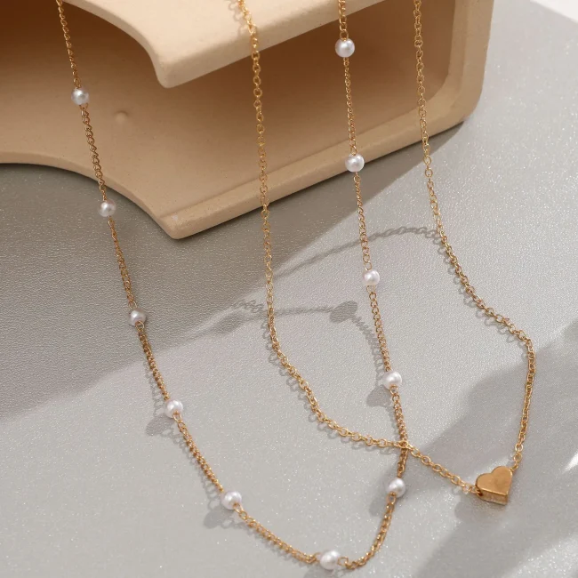 LATS Simple Pearl Choker Necklaces for Women Fashion Double Layer Chain Small Love Heart Pendant Necklace Jewelry Gift Wholesale 5
