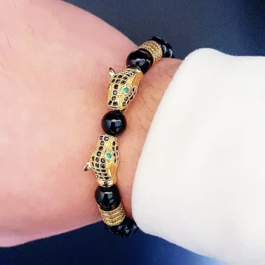 Luxury Black Stone Beads Man Bracelet Leopard Head Charms Women Bracelets Couple Jewelry Valentine's Day 4