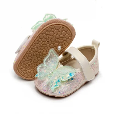 Princess Baby Girl Dress Shoes Soft Sole Rubber Anti-slip First Walker Shiny 3D Butterfly Mary Jane Flats Non-Slip Crib Shoes 3