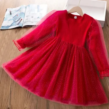 Kids Girl Dress for Christmas Autumn Winter Long Sleeves Mesh Knitted Warm Casual Clothes for Kids Pink Birthday Party Costume 2