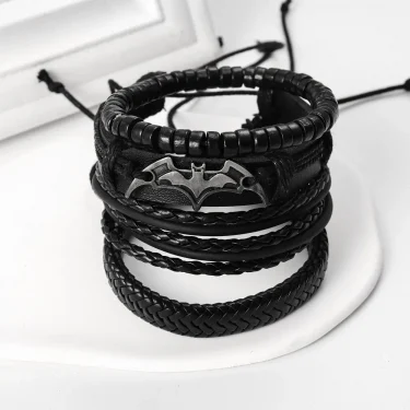 4Pcs/set Leather Beaded Black Bat Bracelet Charming Men's Bracelet New Fashion Hip Hop Punk Accessories Jewelry Gift Wholesale 4