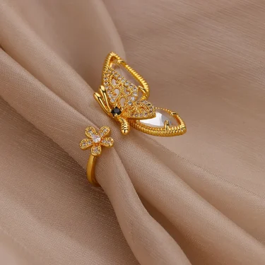 Zircon Crystal Butterfly Flower Rings for Women Open Adjustable Finger Ring Waterproof Fashion Wedding Stainless Steel Jewelry 5