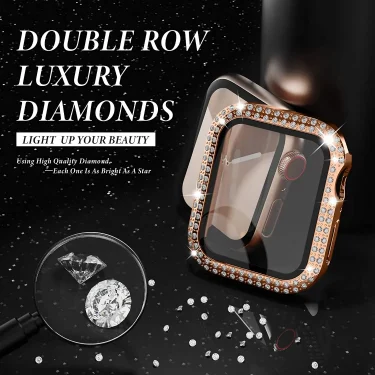 Cover For Apple watch Case 45mm 41mm 44mm 40mm 38mm 42mm Diamond Tempered Glass Screen Protector iWatch series 9 7 SE 6 8 5 4 3 3