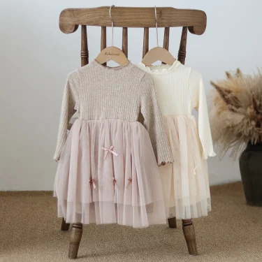 Autumn and Winter Fashion Toddler Girls Long Sleeve Mesh dress Pit Strip Ear Edge Bow Mesh Autumn and Winter dress Princess Gift 1