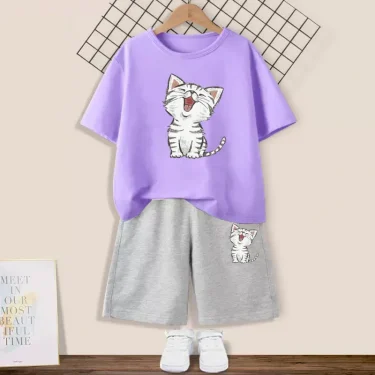 Girls Cute Happy Cat Printed Clothes Set Kids Summer Fashion Short Sleeve T Shirt+Shorts 2pc Suit Children Outfits 2