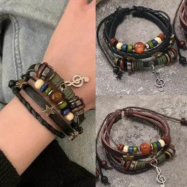 Handmade Hippie Design Brown Leather Bracelet Women Metal Star Note Charms Wood Button Beads Wrap Unisex Adjustable Bracelet 1